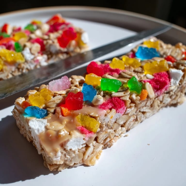 Bright and chewy homemade gummies atop a wholesome oat base, perfect for snacking.  