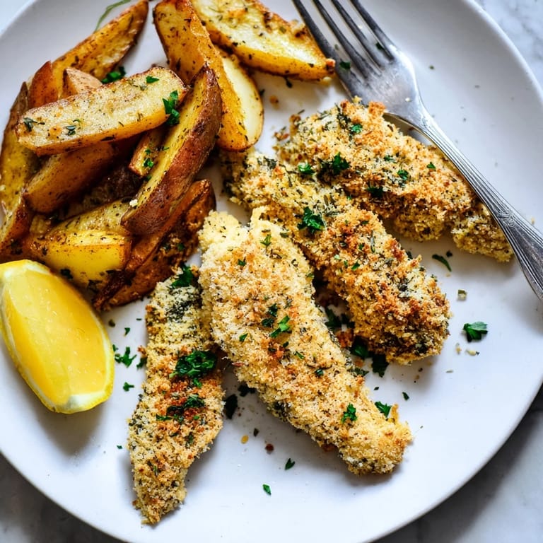 Golden-brown potato wedges next to flavorful herbed chicken tenders, perfect for family meals.