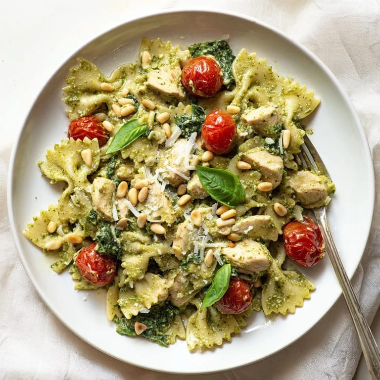 Delicious Pesto Chicken Bowtie Pasta featuring tender chicken and a rich green sauce.