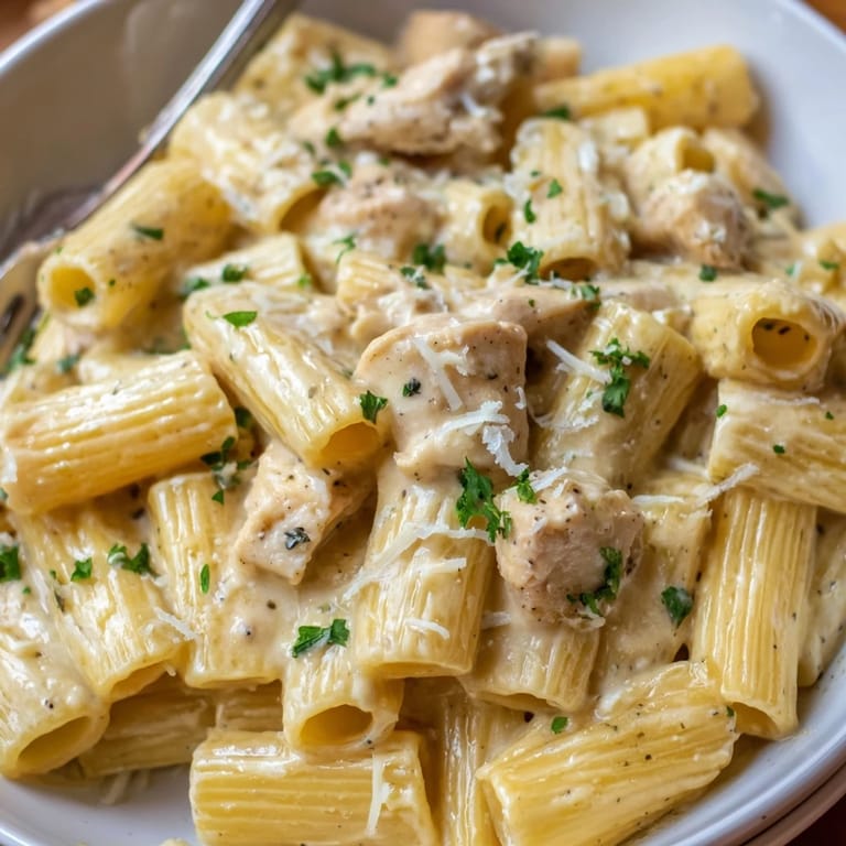 Deliciously comforting Creamy Garlic Parmesan Chicken Rigatoni perfect for weeknight dinners.