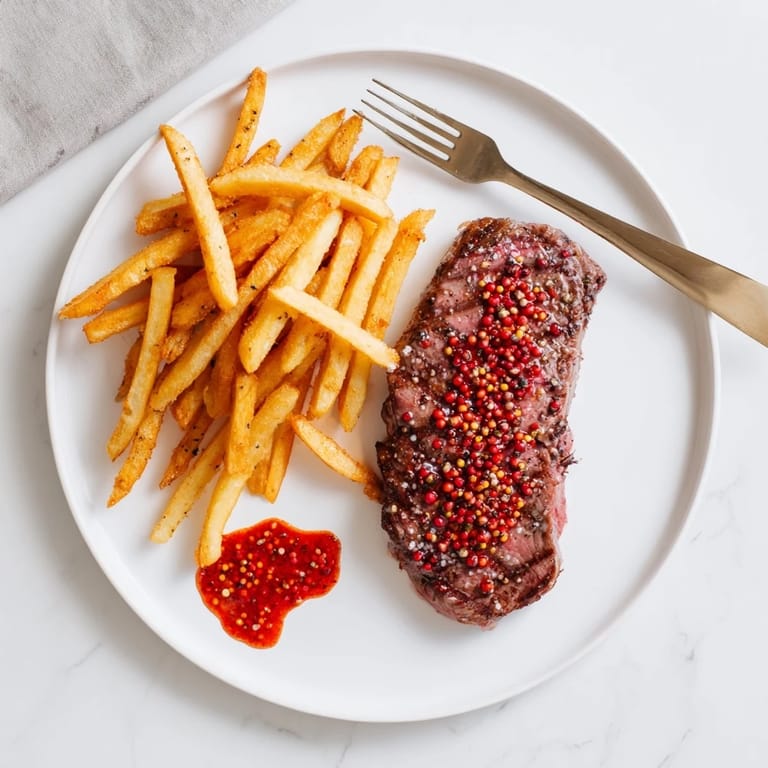 Sizzling Classic Peppercorn Ribeye cooked to perfection, garnished and served with golden fries.  