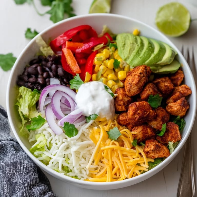 Colorful Sheet Pan Chicken Burrito Bowls with roasted peppers and creamy avocado slices.  