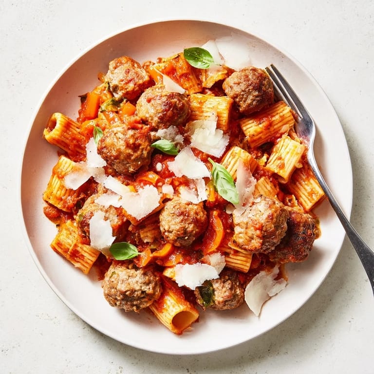 Savory Italian Meatball Pasta Skillet simmered in rich tomato sauce, perfect for family dinner.  