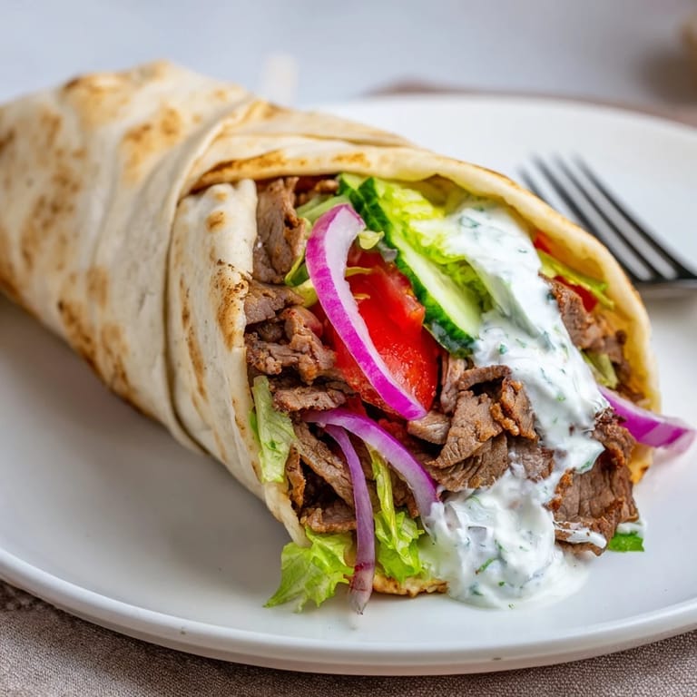 Succulent beef shawarma tucked in warm flatbreads, topped with zesty yogurt sauce.  