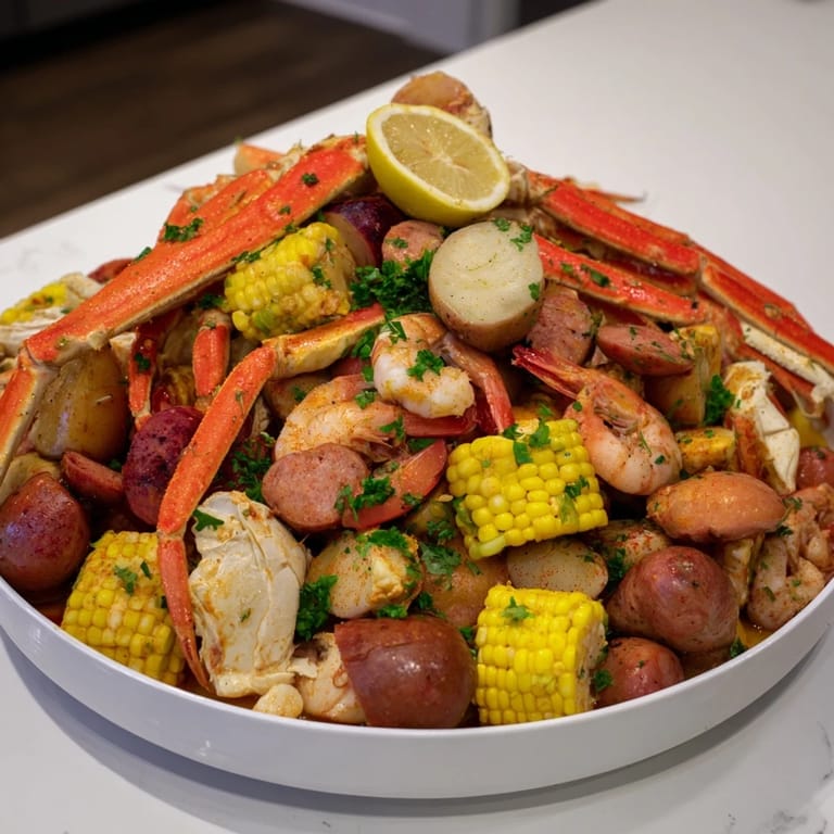 Flavorful Southern Seafood Boil featuring juicy crab, shrimp, and spicy sausage.  