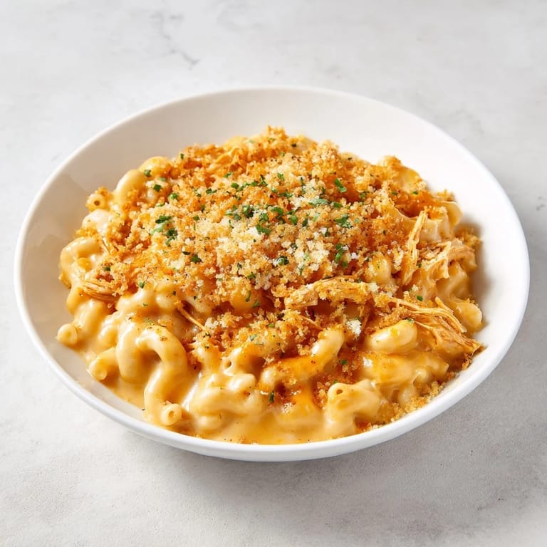 A close-up view of the hearty classic mac & cheese with BBQ chicken, ready to be served hot.