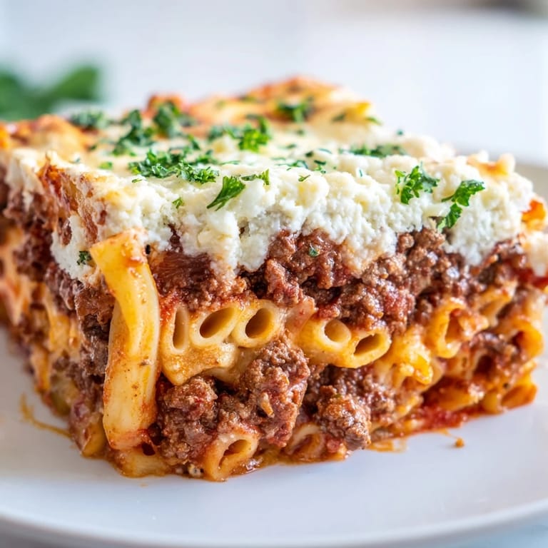 Delicious Baked Ziti with Meat Sauce, layered with creamy ricotta, ready to be served hot.