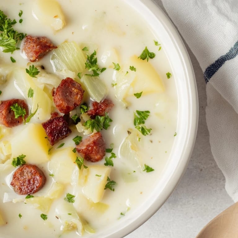 Close-up of hearty Potato, Leek & Chorizo Soup, garnished with fresh parsley and spicy chorizo.