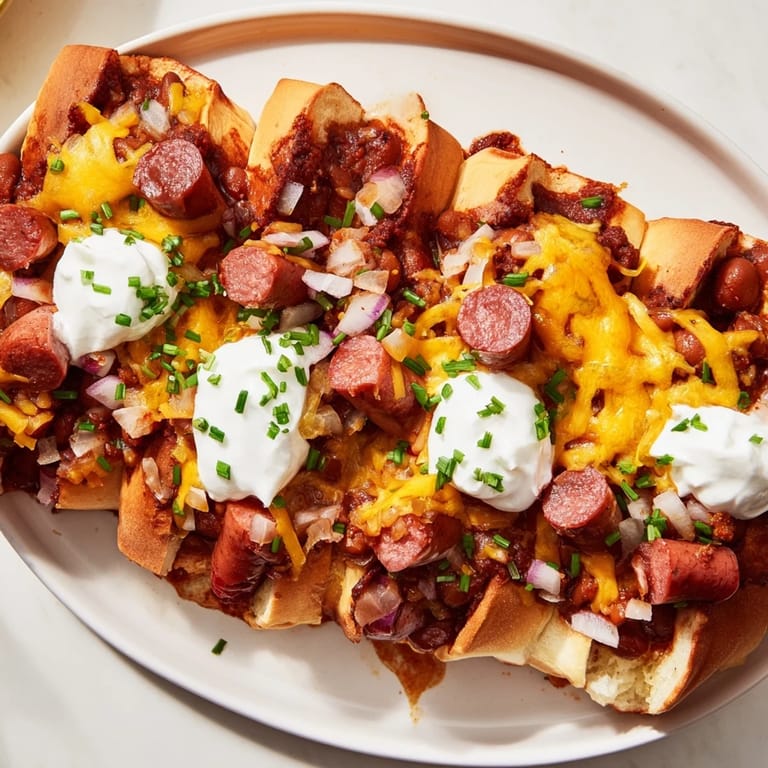 Golden-brown Chili Dog Casserole with visible hot dogs and a blanket of melted cheddar cheese.