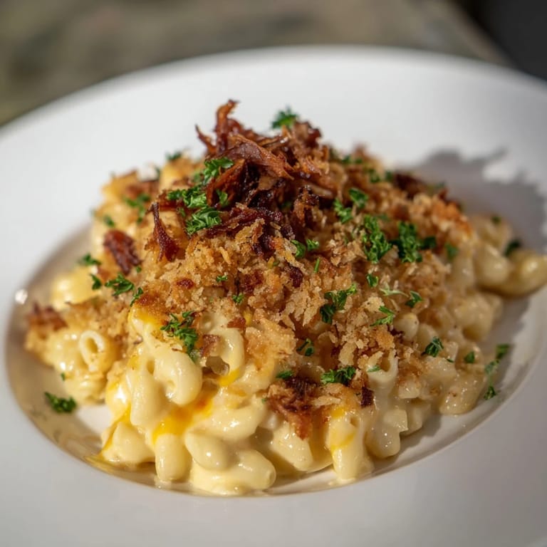 A close-up shot of decadent, smoky Barbecue Pulled Pork Mac and Cheese, ready to be served.