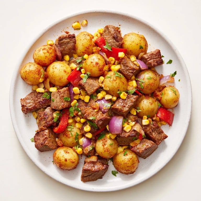 Aromatic Southwest Steak & Potato Skillet with vibrant peppers and onions, garnished with fresh cilantro and lime.