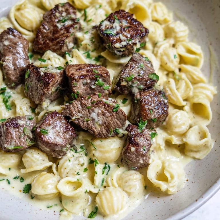 Picture this: a plate piled high with flavorful garlic butter steak bites and decadent cheesy shells.