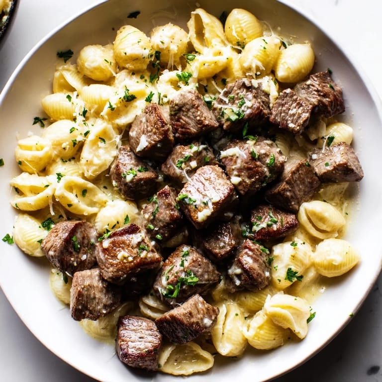 Sizzling garlic butter coats these tender steak bites, perfectly complementing cheesy pasta shells for dinner.