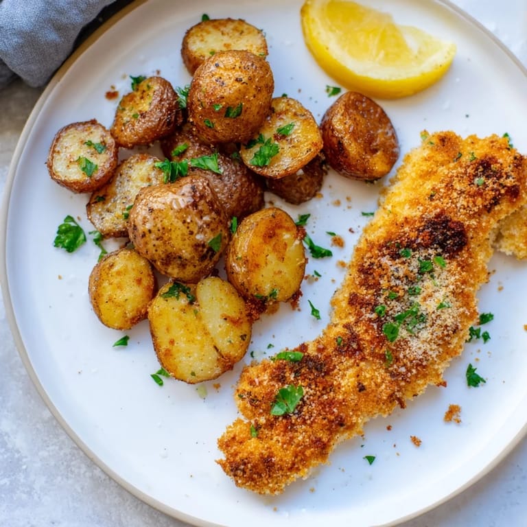 A close-up of baked, flavorful Parmesan crusted chicken & potatoes, featuring fluffy potatoes.