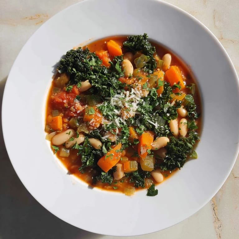 Cozy and comforting, this Italian Bean & Kale Stew is presented with crusty bread, perfect for dipping.