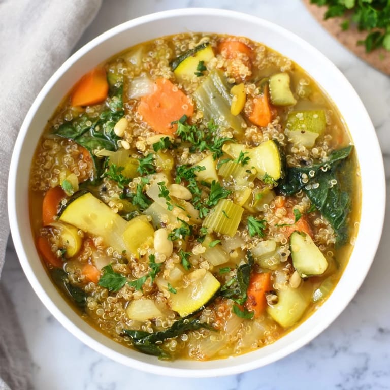 Hearty Minestrone with Quinoa & Winter Greens: a colorful soup with visible vegetables and protein-packed quinoa.