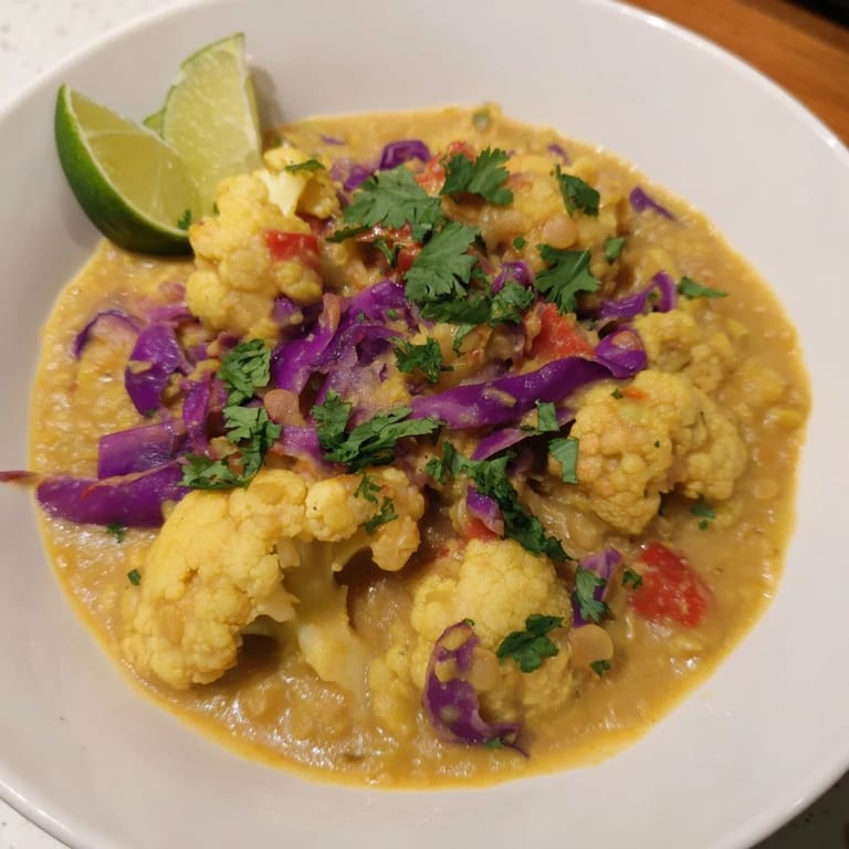 Bright red cabbage and cauliflower simmer in a rich Red Cabbage, Cauliflower & Coconut Dhal.