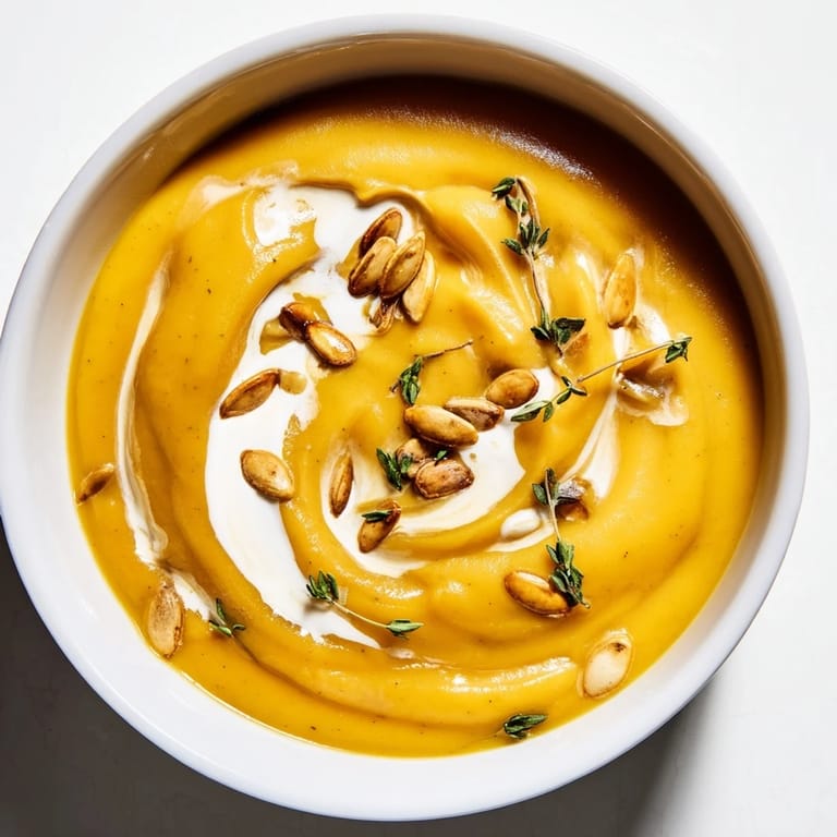 Thick and velvety, the golden-hued creamy roasted acorn squash soup, perfect for a cool evening.