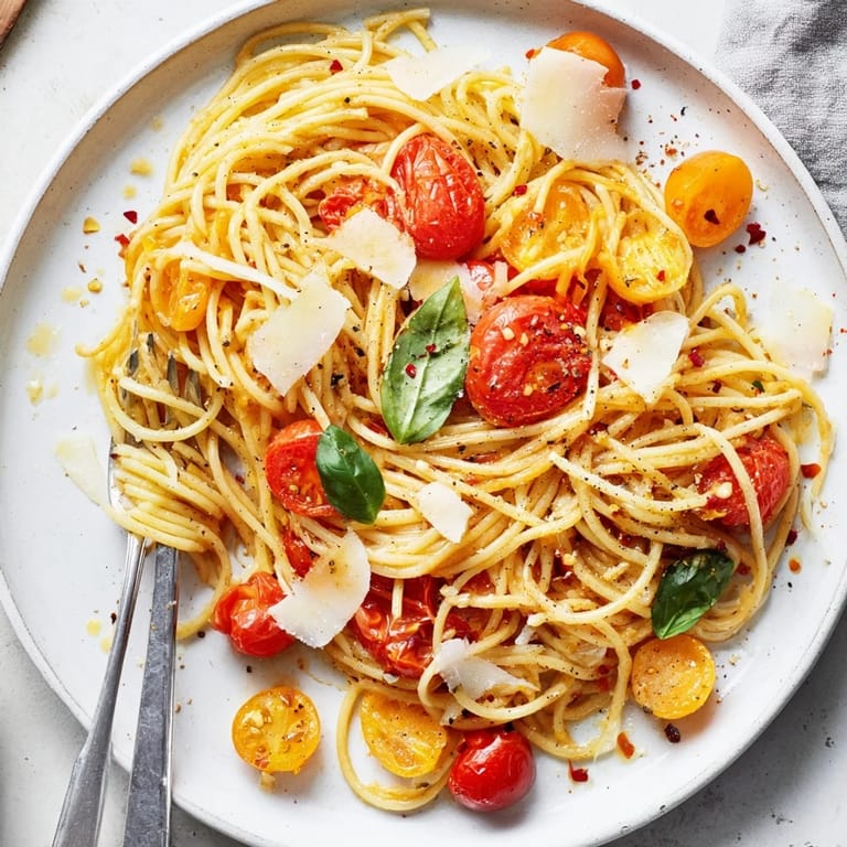 Close-up of bright cherry tomatoes and garlic with the cooked Lazy-Girl Pasta, a flavorful Italian dish.