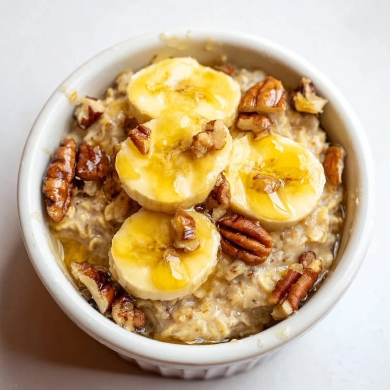 Individual Baked Oats Ramekins with Banana and Honey, topped with sliced bananas and a honey drizzle.