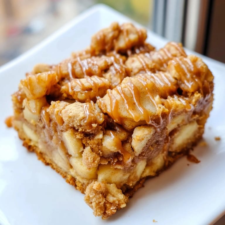 Warm Caramel Apple Cookie Bars, freshly baked with a golden crumb topping and soft filling.