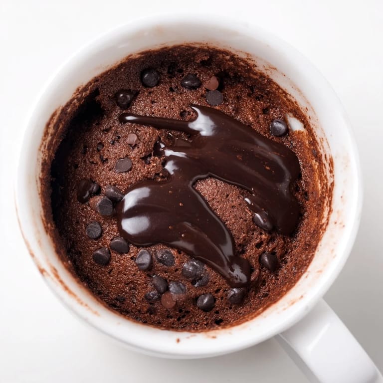 Delicious chocolate microwaved mug cake, topped with optional nuts, a perfect American dessert.