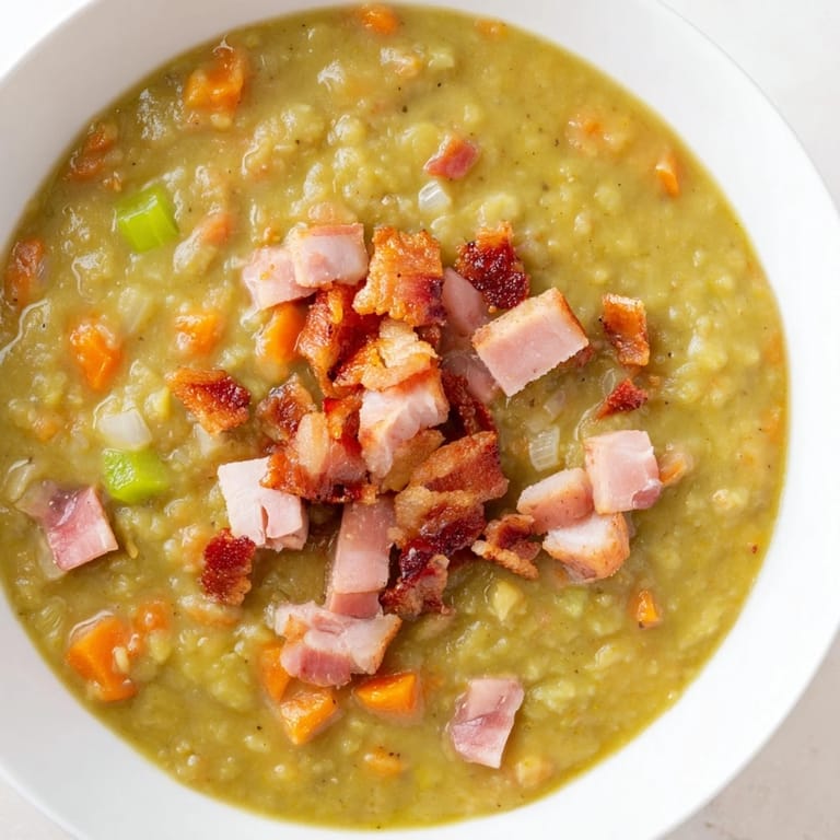 Creamy Split Pea Soup topped with crispy bacon, a comforting and flavorful homemade meal.