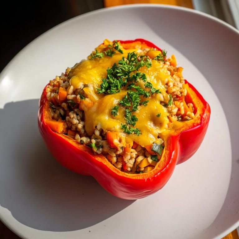 Steaming-hot Stuffed Peppers made with ground turkey and rice, with melted cheese on top, perfect for a meal.