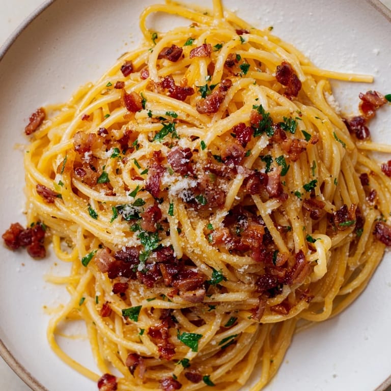 Italian-inspired garlic butter pasta recipe, showcasing strands of pasta coated in flavorful sauce and bacon topping.