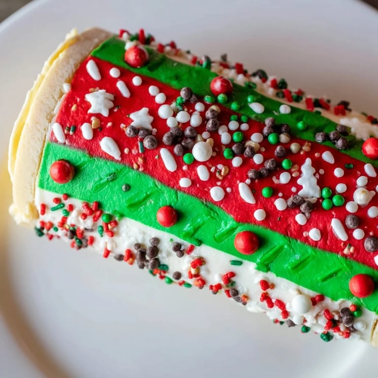 This Ugly Sweater Cake Roll showcases a close-up view of a vibrant, decorated dessert ready to enjoy.