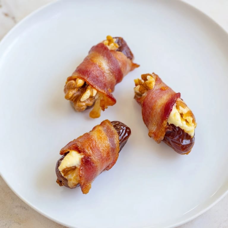 Warm, sweet and savory bacon wrapped dates with a creamy center, ready to enjoy.