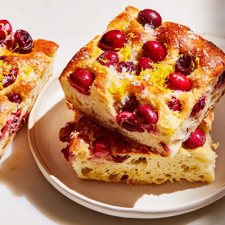 A close-up of a freshly baked Cranberry Orange No-Knead Focaccia, ready to eat with a fluffy interior.