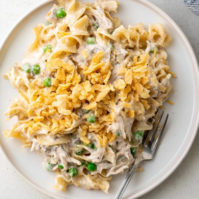 A close-up of creamy, flavorful Creamy Tuna Noodle Casserole, a comforting homemade dish.