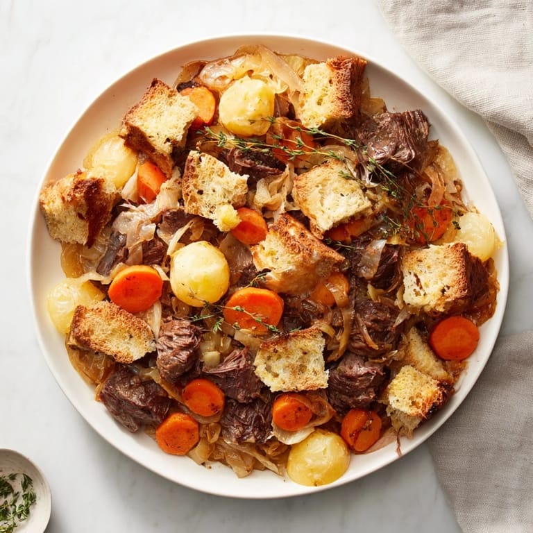 Savory French Onion Pot Roast Casserole, with golden bread and tender beef for a hearty meal.
