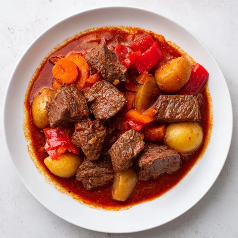 Close-up of a rich, flavorful smoked paprika & garlic beef stew, promising warmth and comfort in every bite.