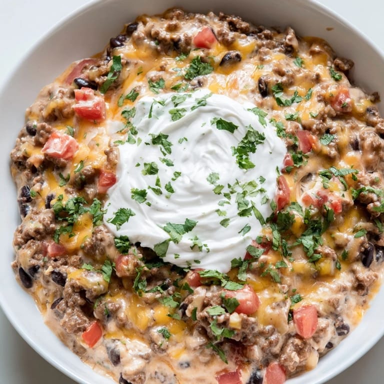 Warm, bubbling Slow Cooker Cream Cheese Taco Dip with melted cheese and savory ground beef, perfect for a party.