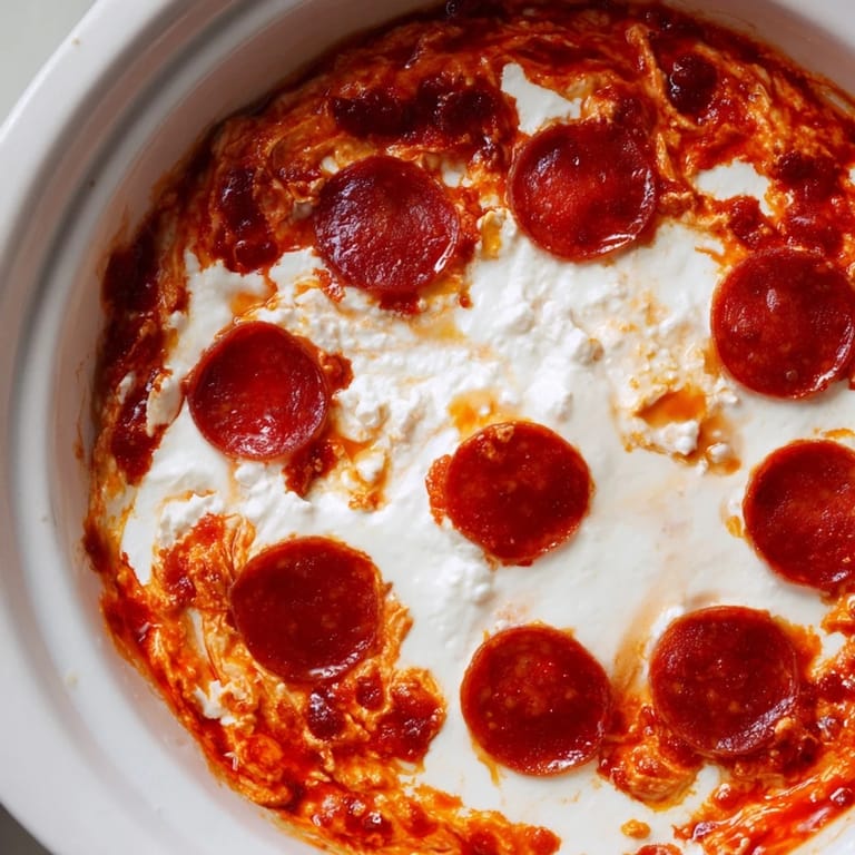 A close-up of golden Pizza Dip, showcasing melted cheese and savory pepperoni atop a creamy base.