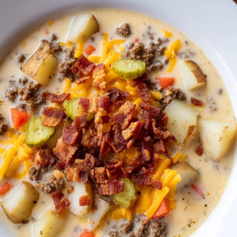This close-up shows a comforting Crockpot Cheeseburger Soup, easily made with tender beef and cheddar.