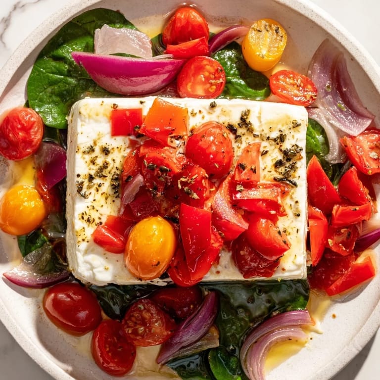 Creamy melted feta blankets the one-pan baked feta Christmas pasta, with basil garnish and a delicious aroma.