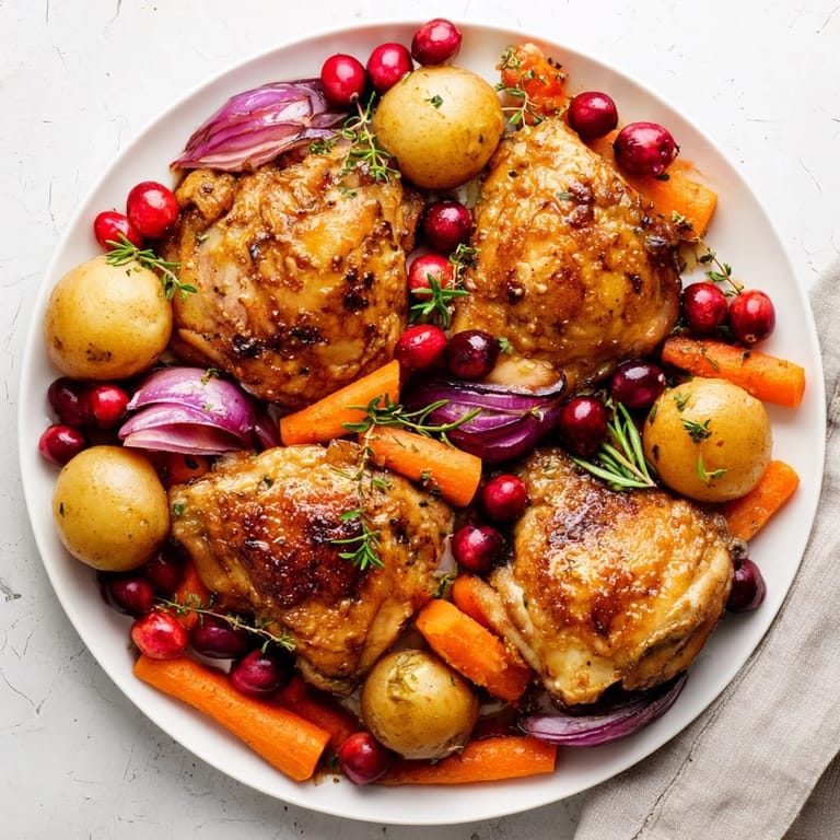 Fragrant herbs coat the crispy skin of the One-Pan Olive Oil Roast Chicken, ready to be served.