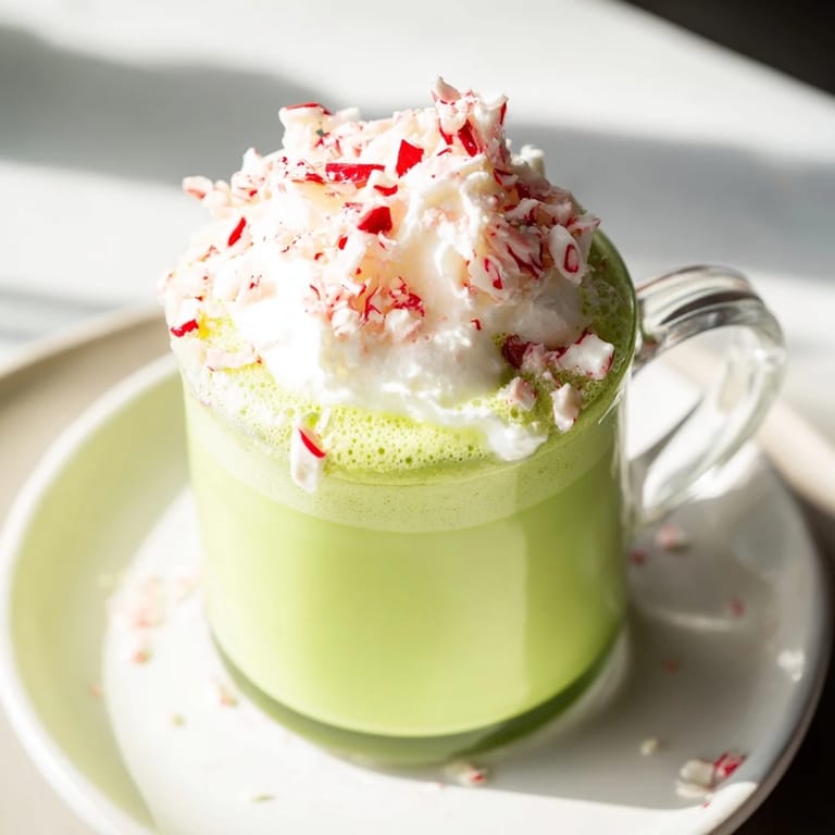 Frothy, layered Cozy Peppermint Matcha Christmas Latte with visible peppermint flecks, ready to sip and savor.