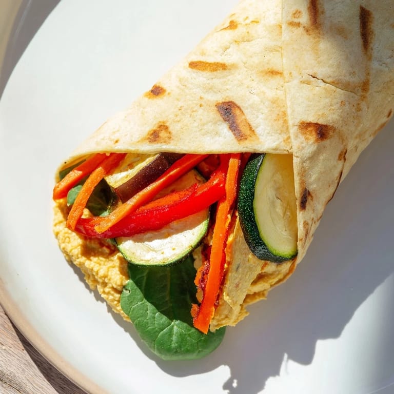 These Snowflake Hummus & Roasted Veggie Wraps feature warm, golden tortillas with flavorful, layered fillings inside.