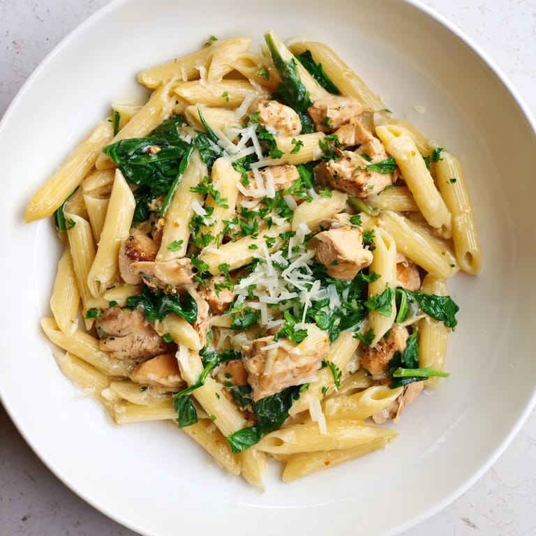 Steaming bowl of One-Pot Creamy Spinach & Turkey Christmas Pasta: a comforting, holiday-inspired pasta dish.