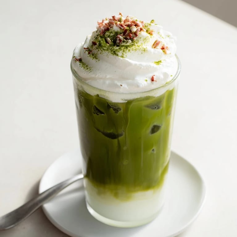 This Sugar-Free White Chocolate Candy Cane Iced Matcha shows swirls of green matcha and white chocolate, so delicious!