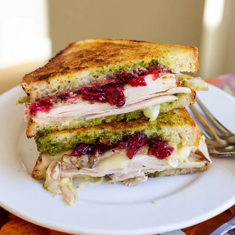This warm, melty Pesto Cranberry Turkey Grilled Cheese features a beautiful golden-brown, crispy crust.