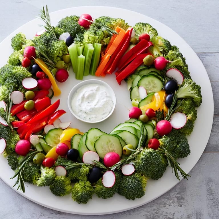 Vibrant Wreath Veggie Dip Platter: a ring of crisp vegetables encircles a bowl of creamy dip.