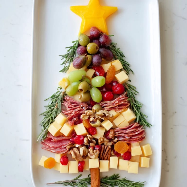 A delicious Christmas Tree Charcuterie Dream with grapes and cheese, ready for holiday entertaining.