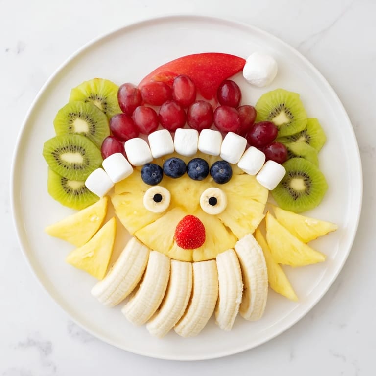 Holiday-ready Santa fruit platter, with a banana face and cheerful red grape mouth.