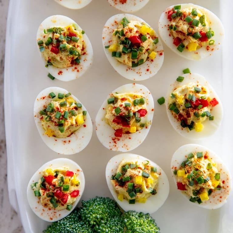 Vibrant photo shows the Christmas Tree Deviled Eggs Platter, a delightful arrangement of eggs with colorful pepper ornaments.
