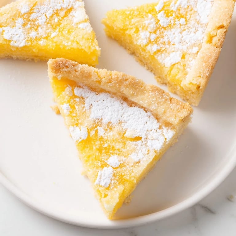 Freshly baked lemon bars, cut into triangles, dusted with powdered sugar, ready to be enjoyed.